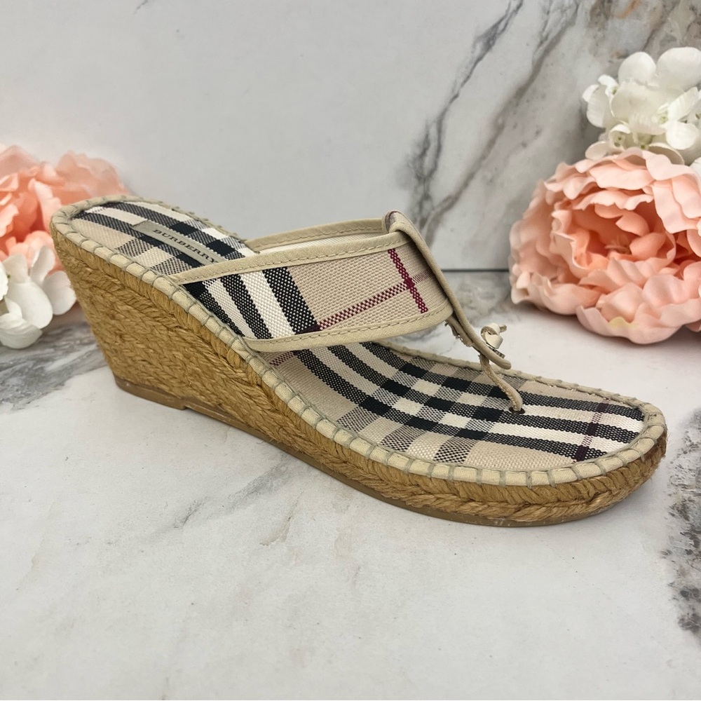 Burberry Beige Plaid Espadrille Wedge Sandals - Picture 2 of 14